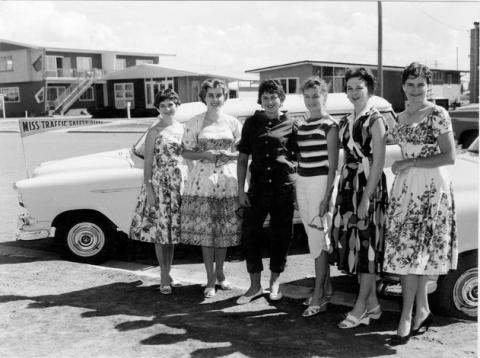 Several girls lining up for a beauty shot in 1950s Gold Coast