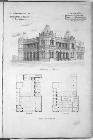 Architectural drawing of the Post and Telegraph Office in Fortitude Valley.