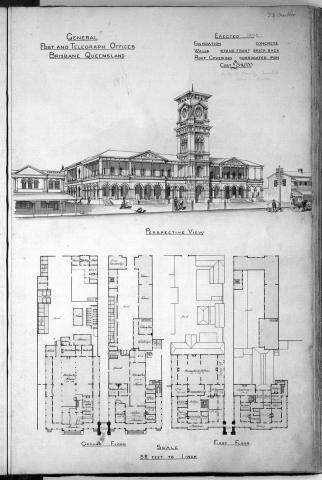 Architectural drawings of the General Post and Telegraph Offices, Queen Street, Brisbane