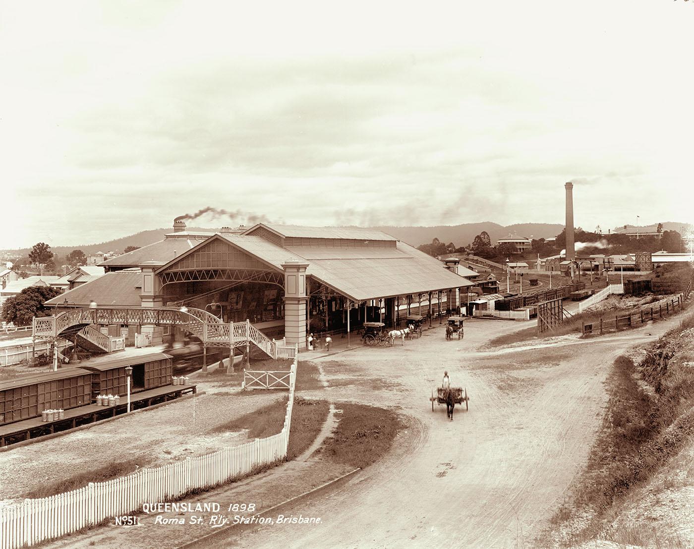 View of Roma Street train station with smoke rising from chimney