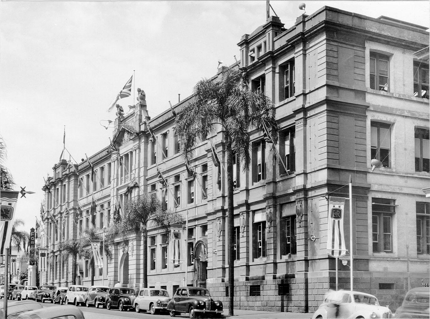 Diagonal view of the Government Office showing sandstone facade