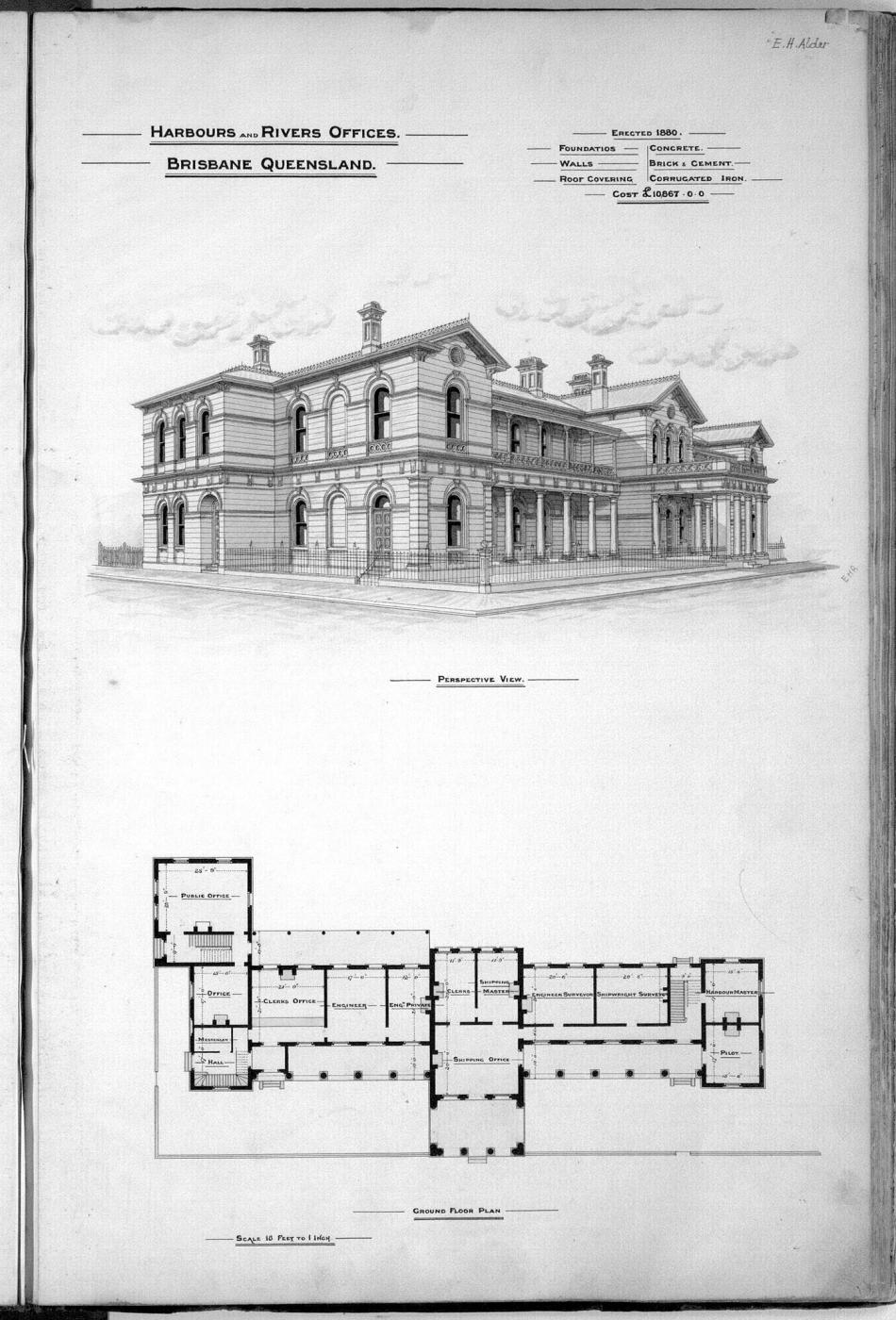 Architectural plan of the Harbours and Rivers Offices, Brisbane, 1880